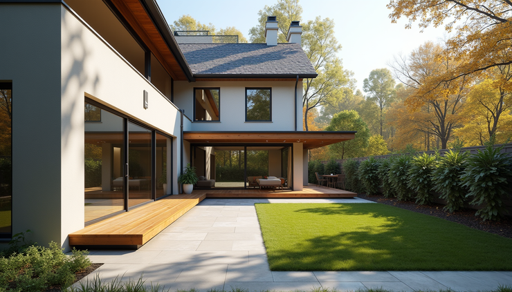 Eye-level view of a modern home addition with large windows and outdoor patio in New Jersey