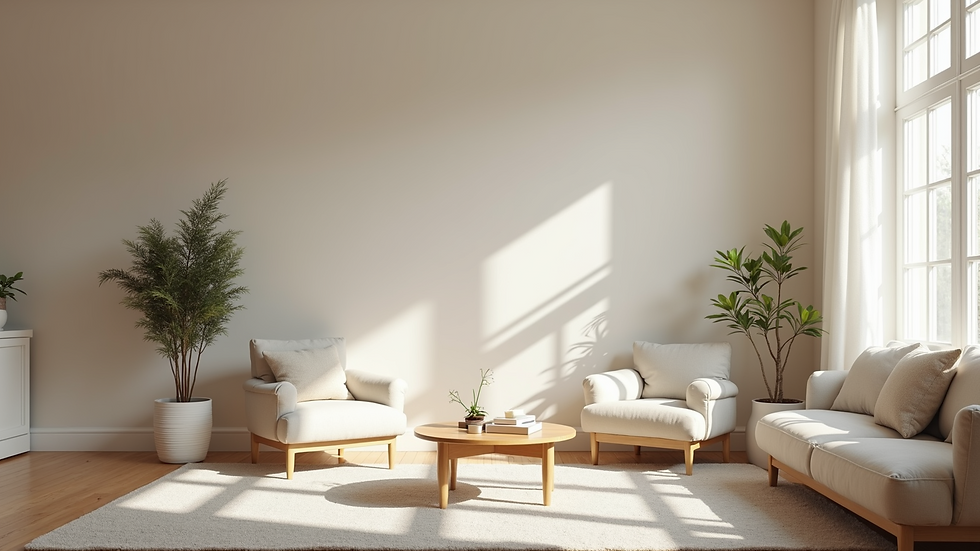 Eye-level view of a freshly painted modern living room with neutral tones