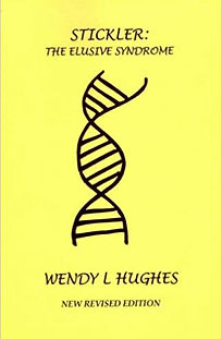 Yellow book cover with a black DNA strand. The title reads "Stickler- The Elusive syndrome"
