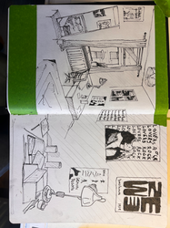Pen and ink drawing of uni room snapshots