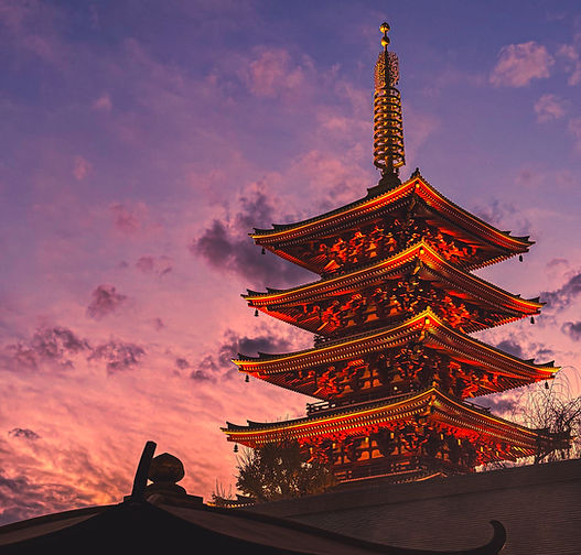 Senso-ji Temple pagoda against a dramatic sunset sky, Asakusa. A deep dive into Tokyo's culture on a private, curated Immersion experience.
