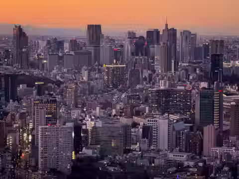 Sweeping panoramic view looking over the dense Tokyo skyline toward Shinjuku at dusk. Witness the scale of the city on a luxury private tour or bespoke itinerary.