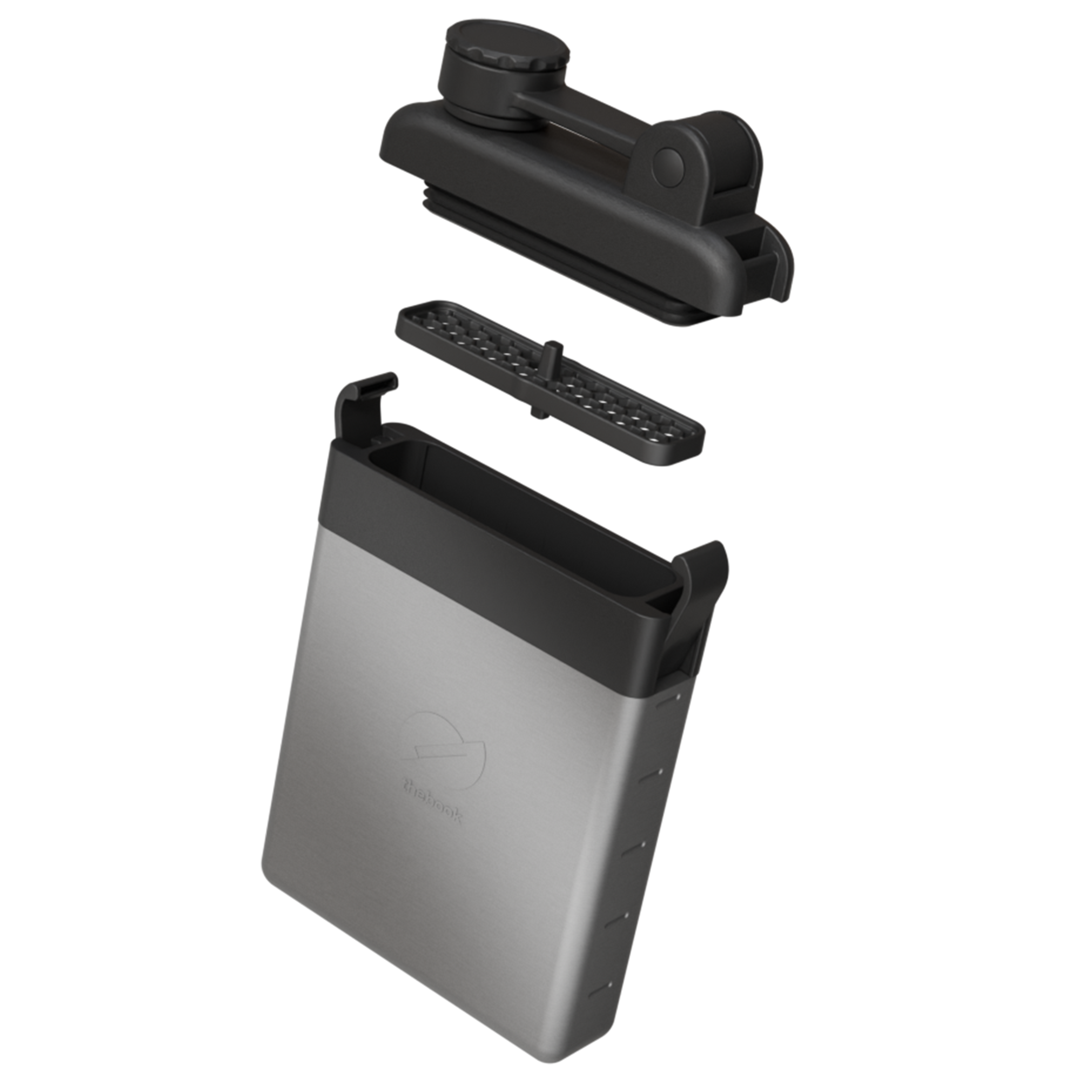 Minimalist stainless steel protein shaker exploded view – thebook shaker with lid, mixing grid and slim rectangular bottle
