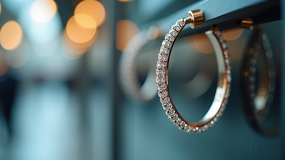 Close-up view of diamond hoop earrings on a display