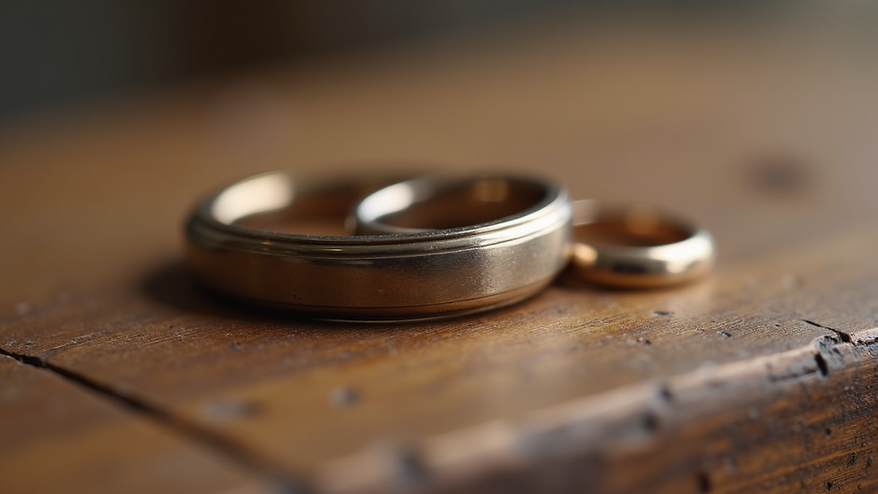 Close-up view of mixed metal wedding bands on a wooden surface
