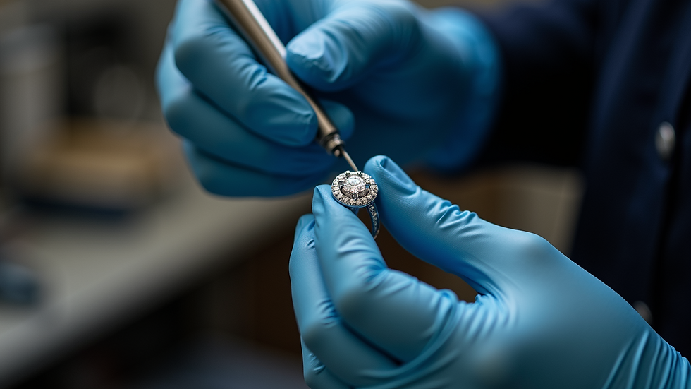 Eye-level view of a jeweler polishing a diamond ring