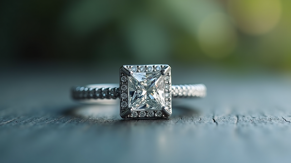 Eye-level view of a halo setting princess cut diamond ring
