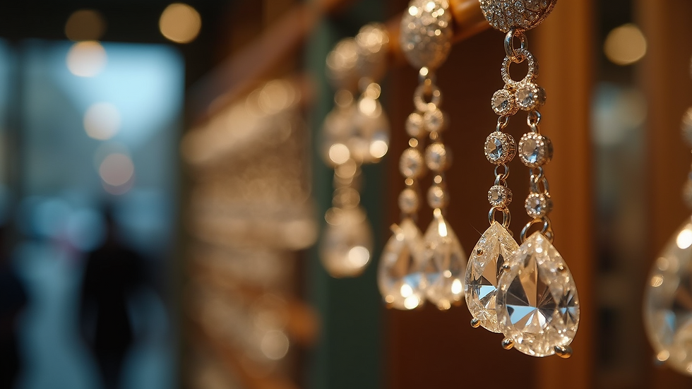 High angle view of dangling diamond earrings on display