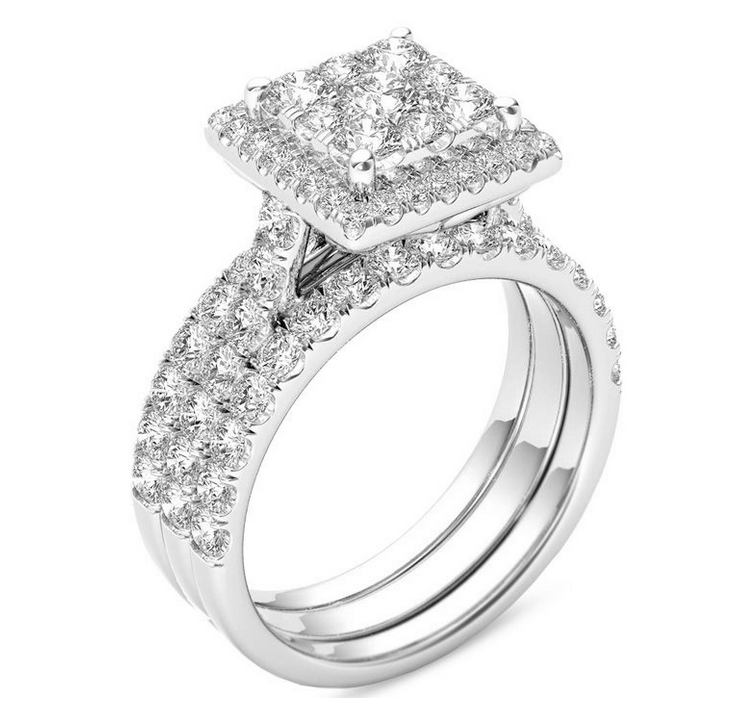Thumbnail: 2 CT. T.W. Composite Diamond Square Frame Three Piece Bridal Set in 14K White Gold