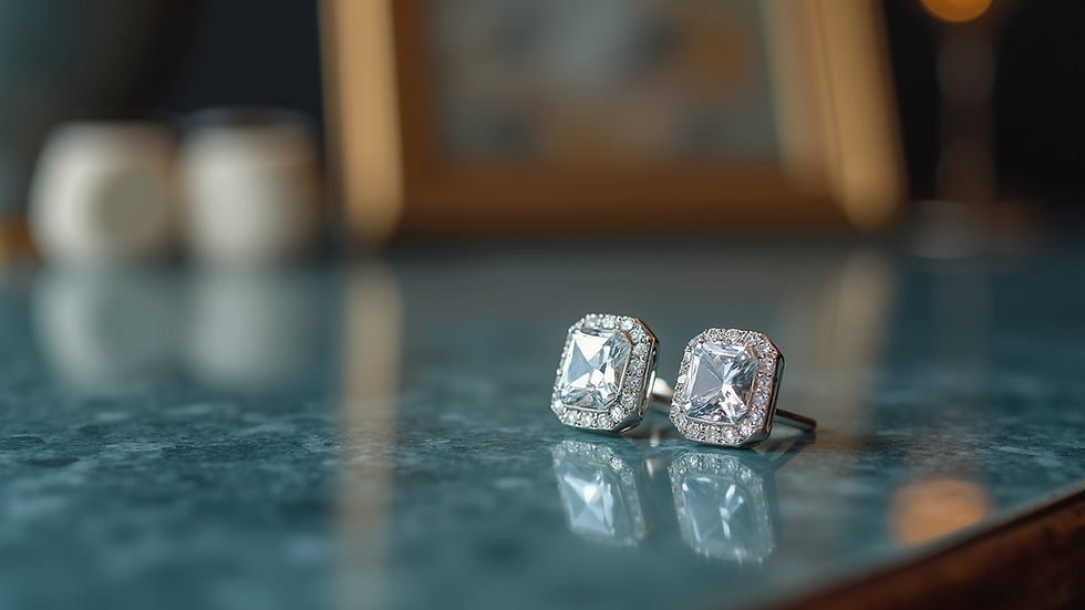 Close-up view of classic diamond studs on display