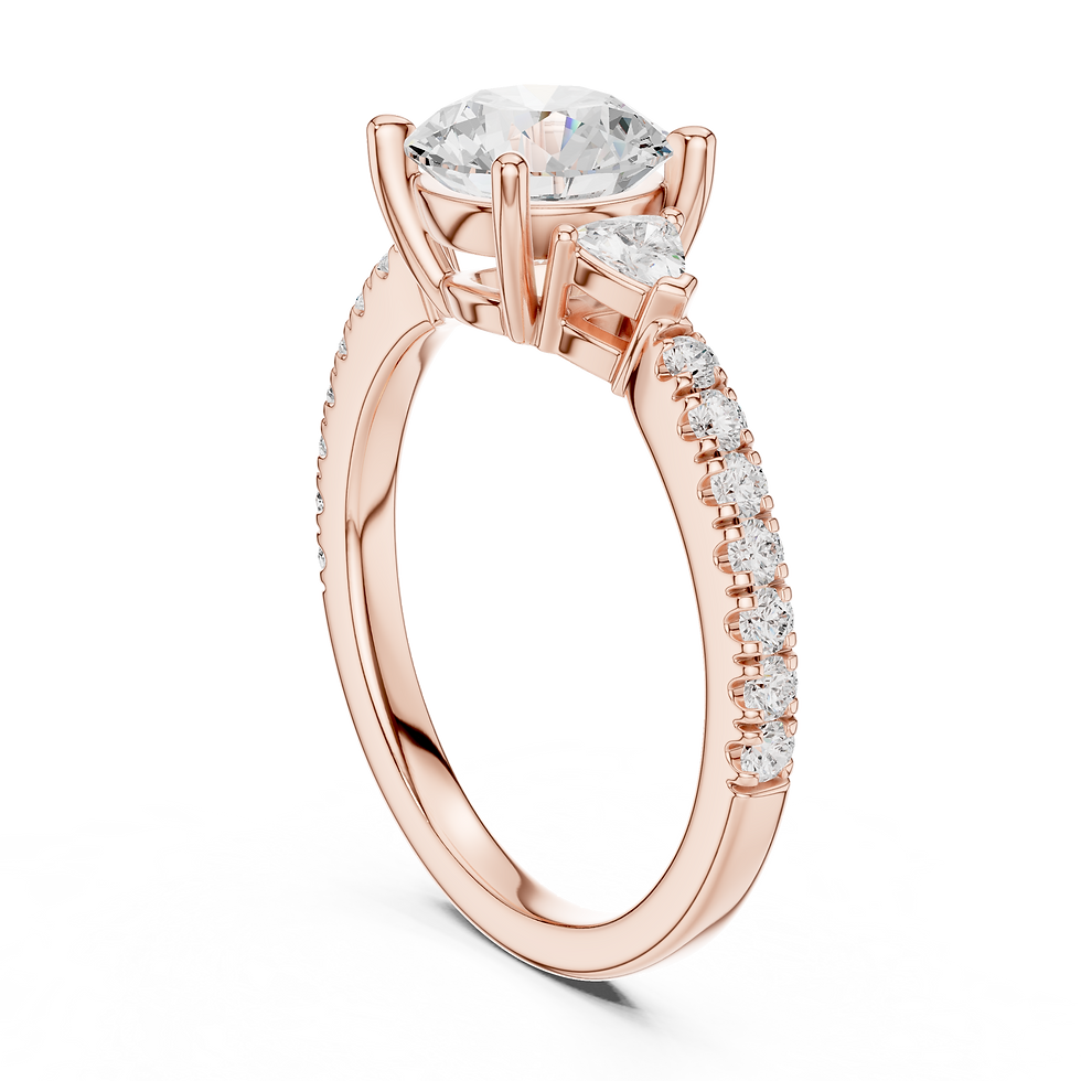 Thumbnail: This is a round diamond three-stone engagement ring with trillion side stones and a pavé band.