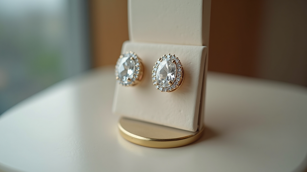 Eye-level view of classic diamond studs displayed on a jewelry stand
