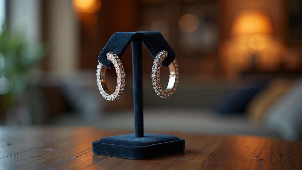 Eye-level view of diamond hoop earrings displayed on a velvet stand