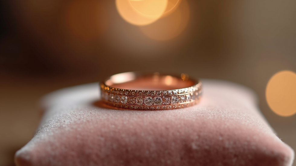 Eye-level view of a rose gold wedding band with small diamonds on a velvet cushion
