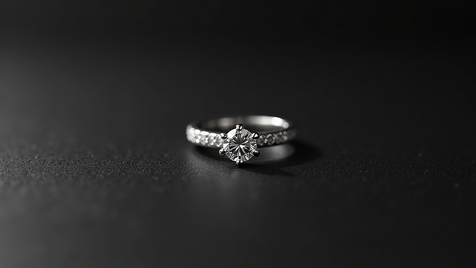 Close-up view of a simple diamond ring on a black background