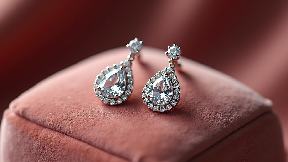 Eye-level view of elegant diamond drop earrings displayed on a velvet cushion