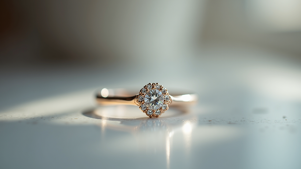 Eye-level view of a minimalist diamond ring with a geometric design