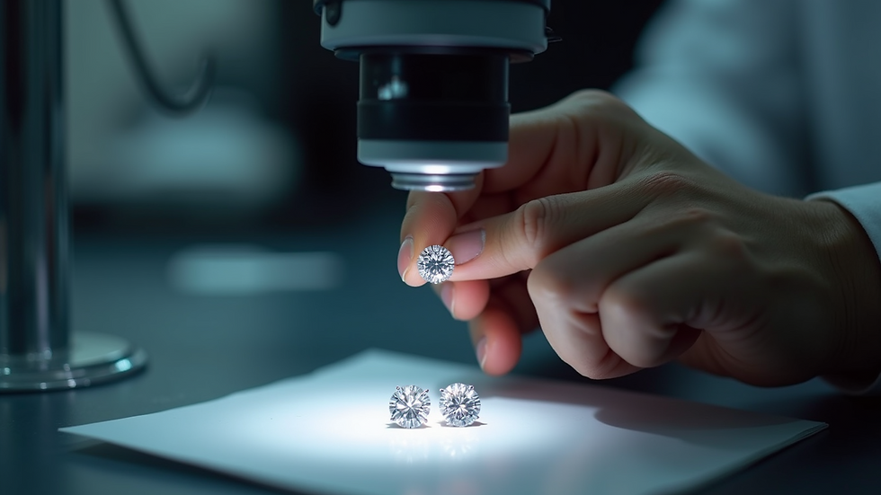 Close-up view of a jeweler examining 1 carat diamond earrings under magnification