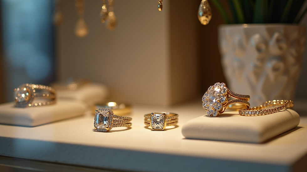 Eye-level view of a jewelry display with diamond rings and necklaces