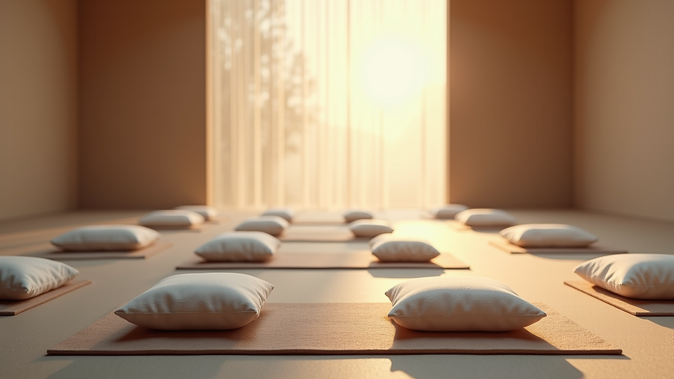 Eye-level view of a calm meditation space with cushions and soft lighting
