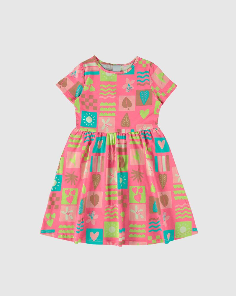 Thumbnail: Vestido Infantil Evasê Manga Curta Estampado Em Algodão Malwee Kids