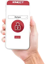 Photo of a hand holding a smart phone, with the screen displaying the 24/7 facility access app "Kinect". The app shows a red lock on a white background.