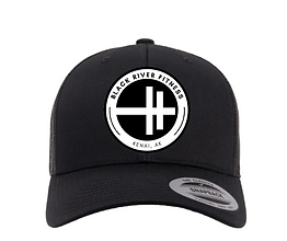 Black cap with black mesh back, front graphic Black River logo inside of white circle, wit