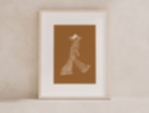 Stylized digital artwork of a woman walking confidently in a striped pantsuited and wide brimmed hat.