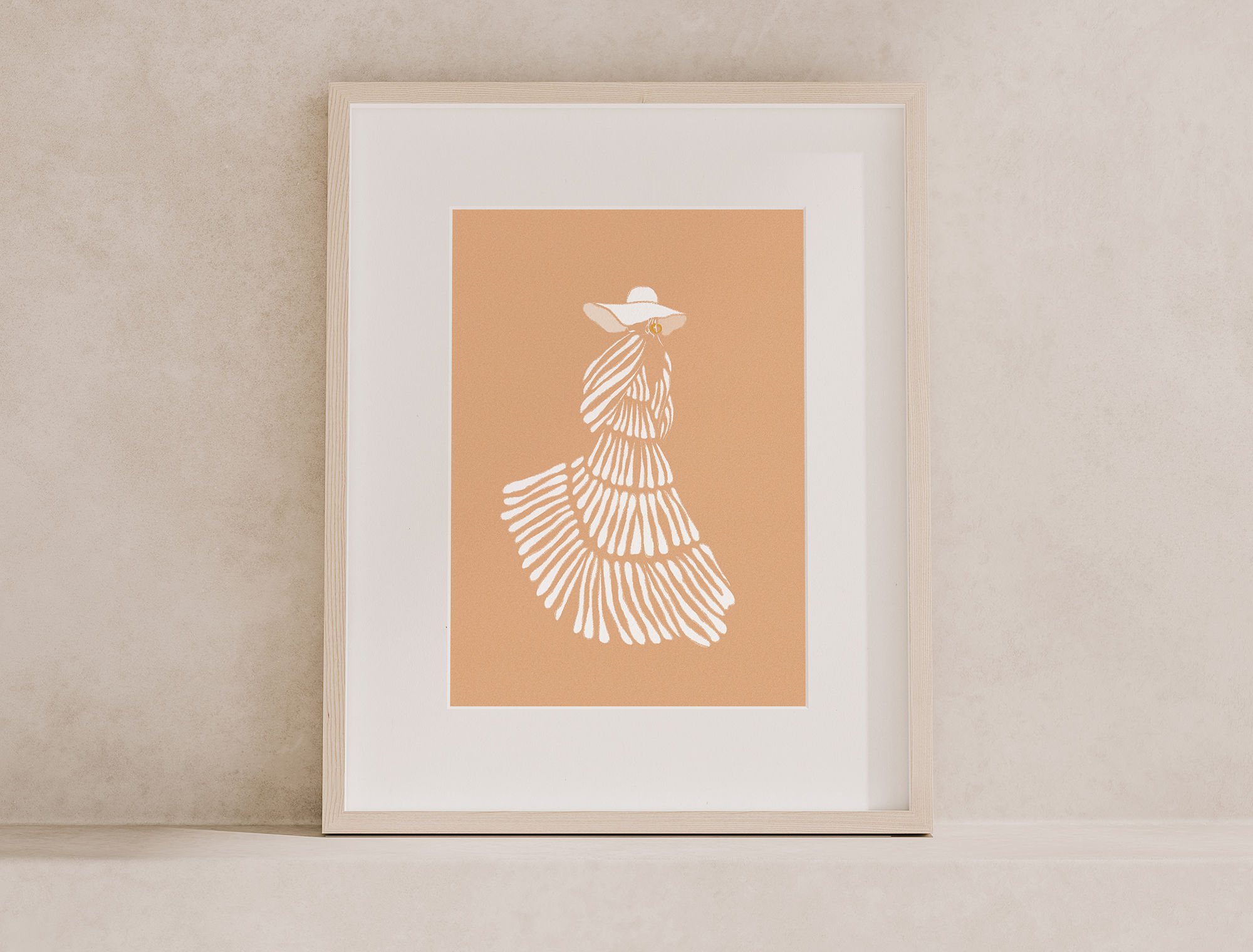 Digital artwork of woman in striped white summer dress with sun hat and orange background.