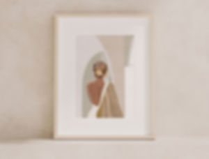 Digital artwork of woman wearing head scarf and dress in neutral coloured setting,