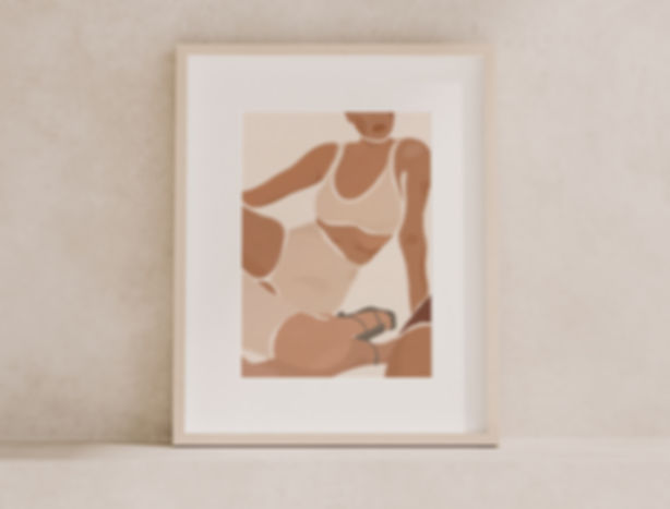 Digital artwork of woman body wearing nude coloured clothes. 