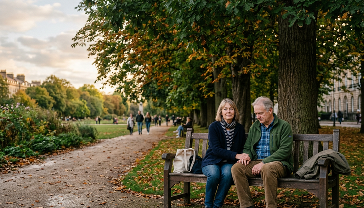 Wide-angle view of two people sitting quietly on a park bench under trees