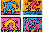 Contemporary art by Keith Harring - 2 by 2 grid each with colourful abstract people with n