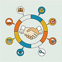 Customer Relationship Management - circular chart with handshake in the middle.