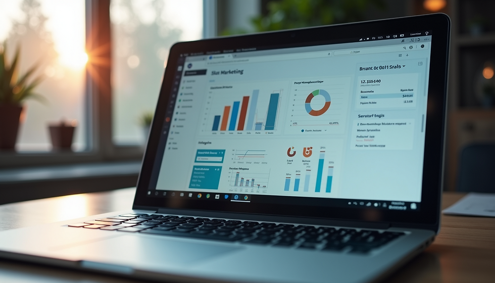 Laptop displaying a digital marketing dashboard with lead generation charts and analytics.