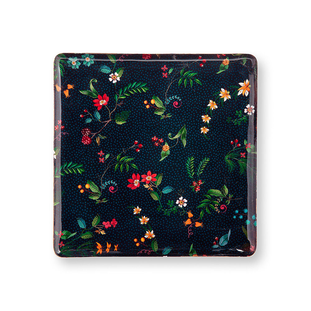 bandeja quadrada metal azul escuro decorada estampada