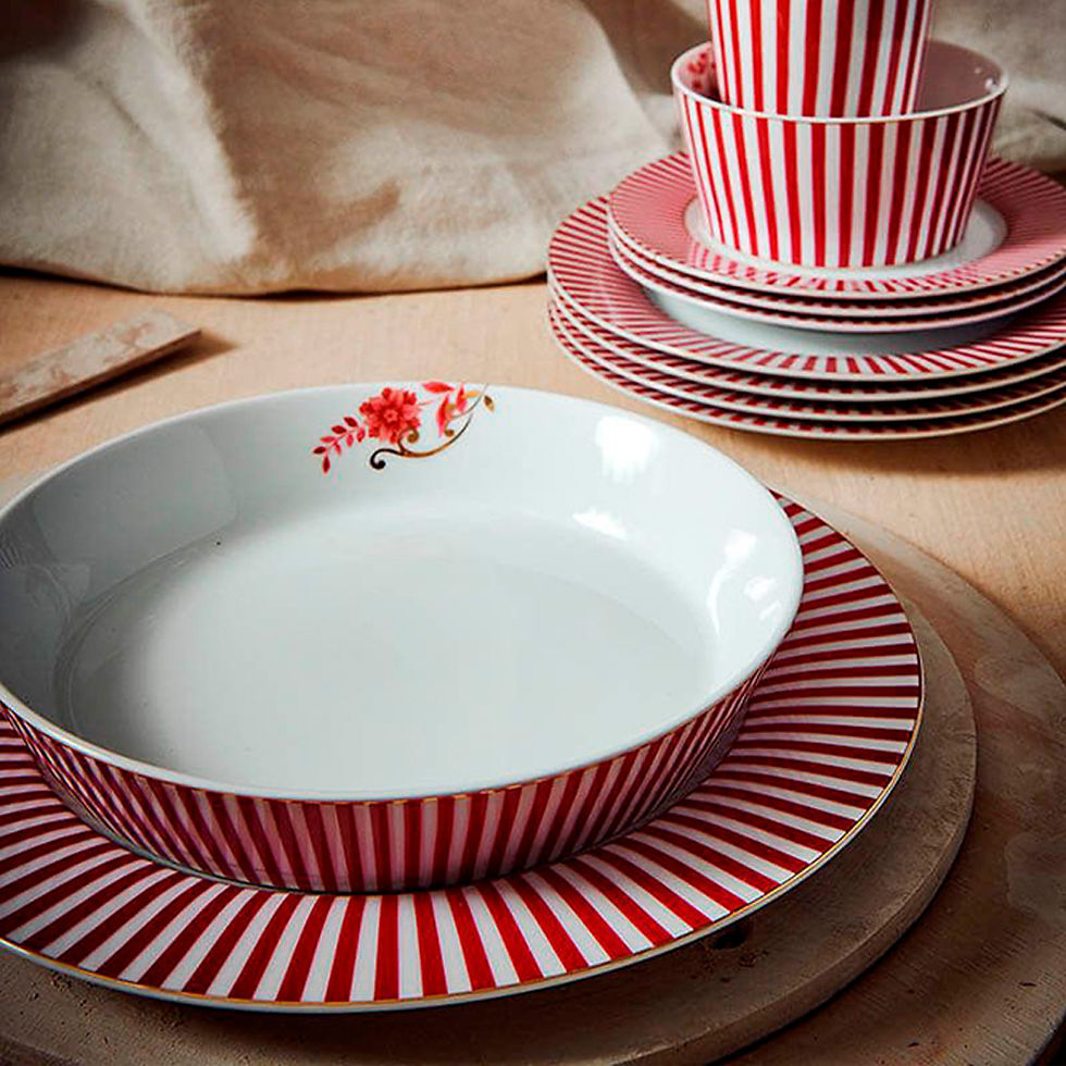 prato de sopa fundo porcelana listrada vermelho branco