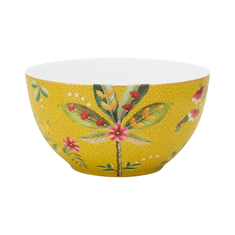 tigela amarela porcelana com detalhes flores decoradas