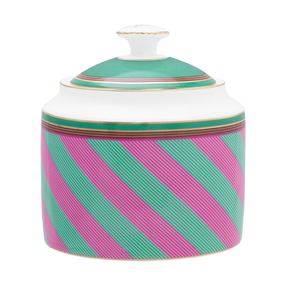 Miniatura: açucareiro com tampa listrado rosa e verde com dourado porcelana