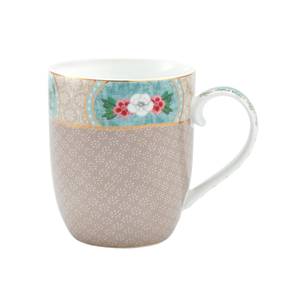 caneca pequena caqui com detalhes flores porcelana