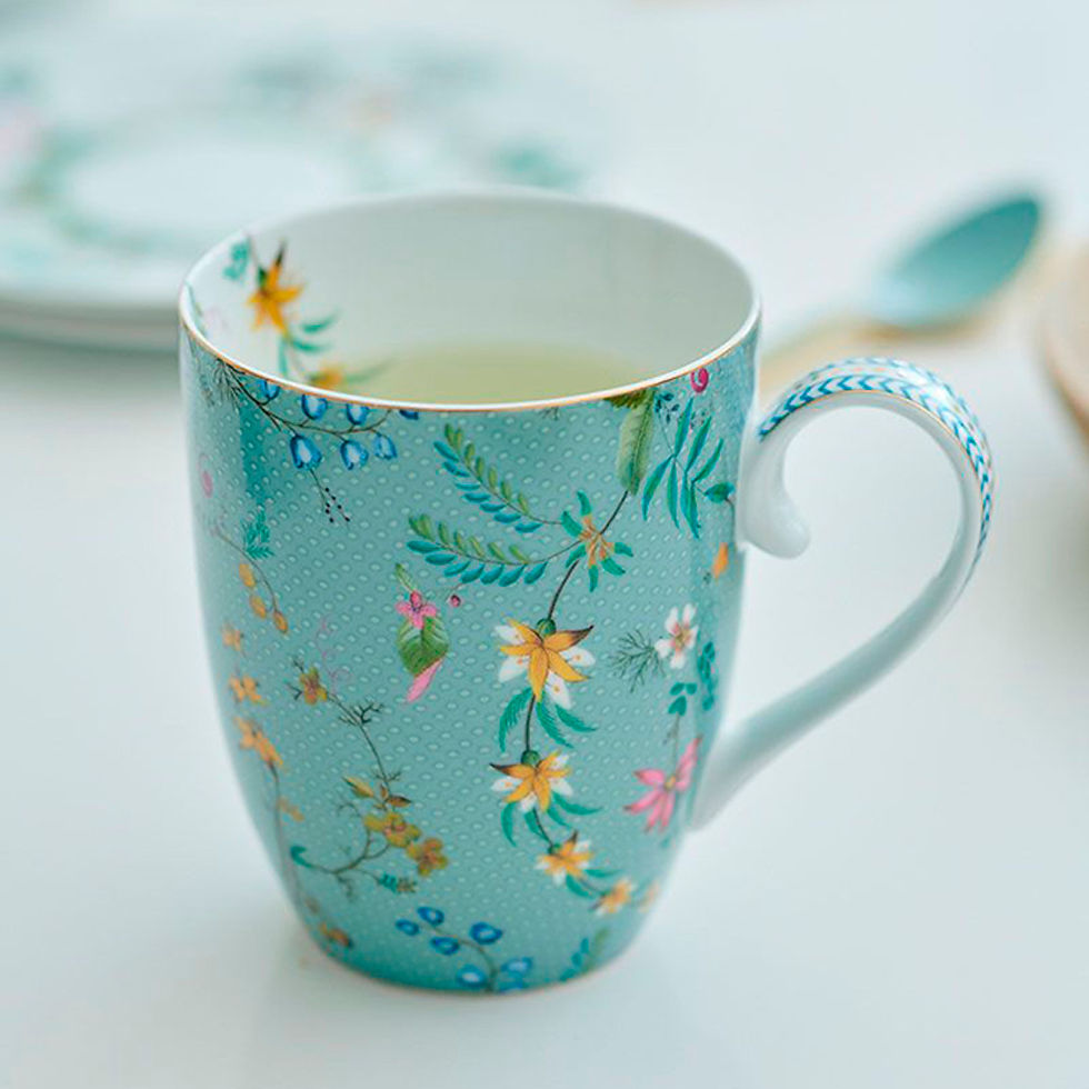 Miniatura: set presente caneca porcelana azul detalhes flores