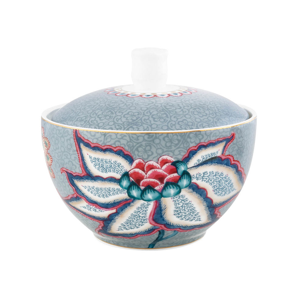 açucareiro azul com flor porcelana mesa posta cha cafe