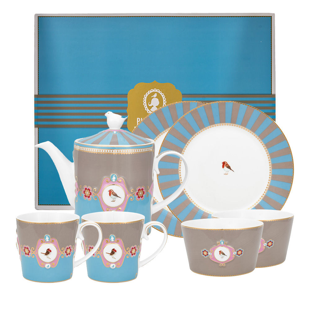 Tea Set com 7 Peças Azul/Cáqui - Love Birds