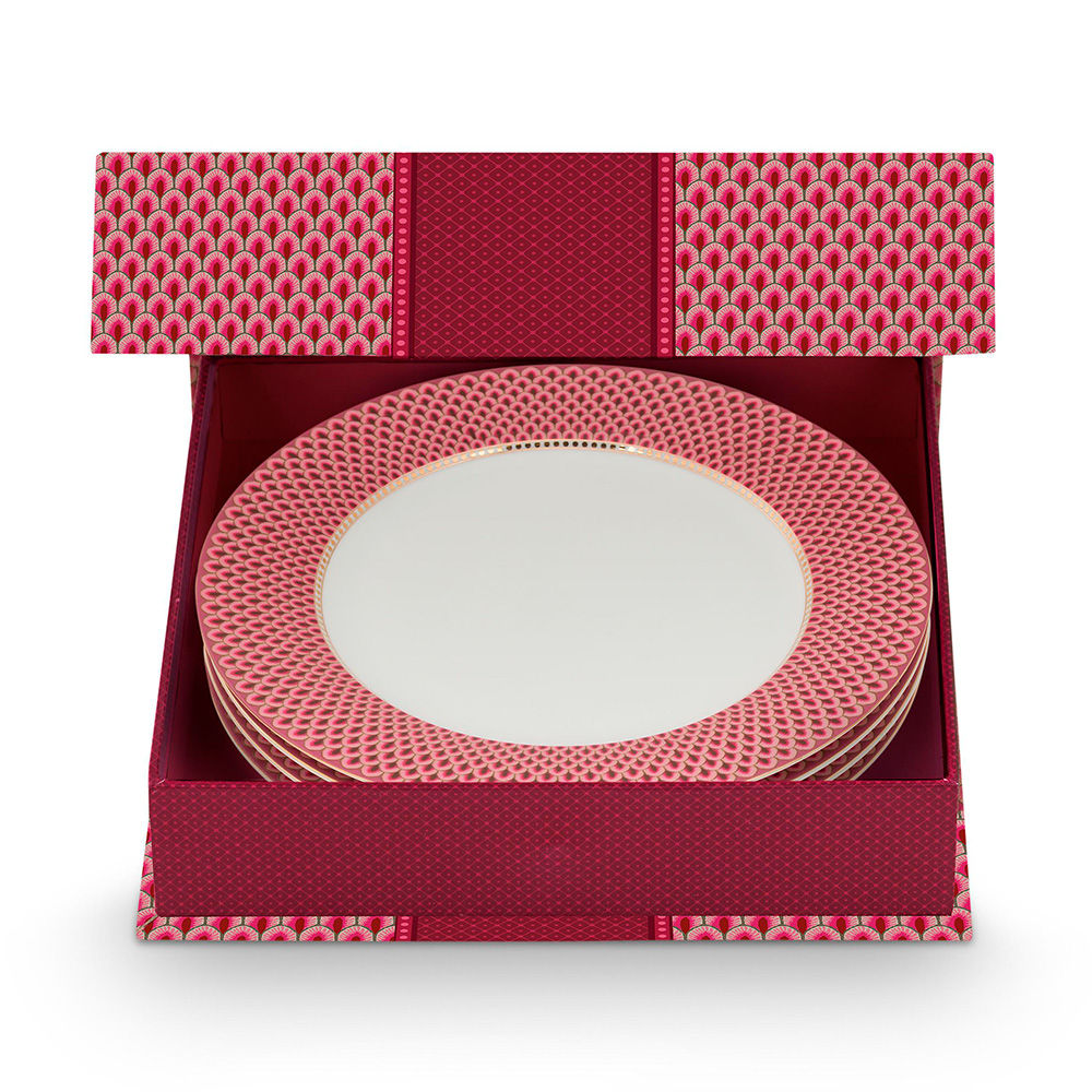 caixa com 4 pratos de jantar presente rosa porcelana