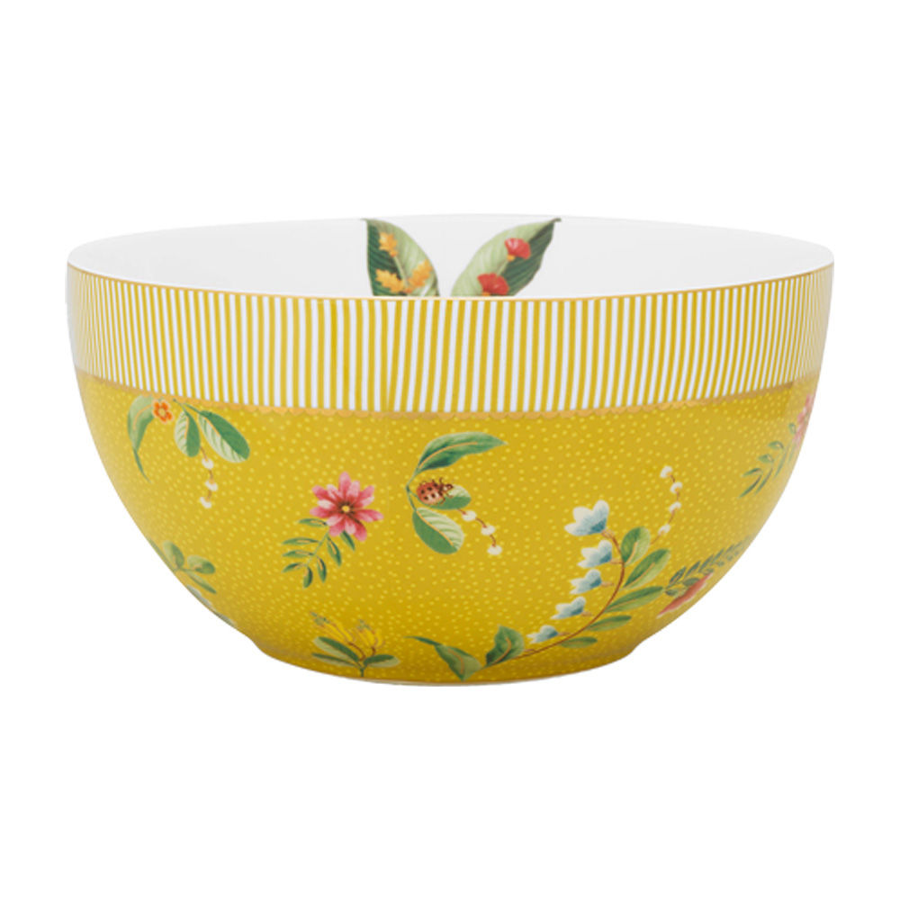 tigela grande amarela com detalhes flores porcelana bowl