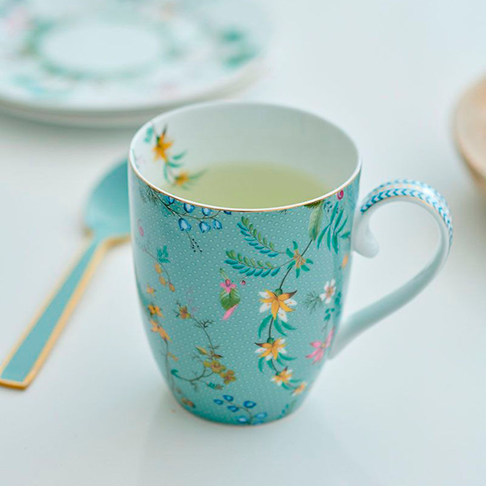 Miniatura: set presente caneca porcelana azul detalhes flores