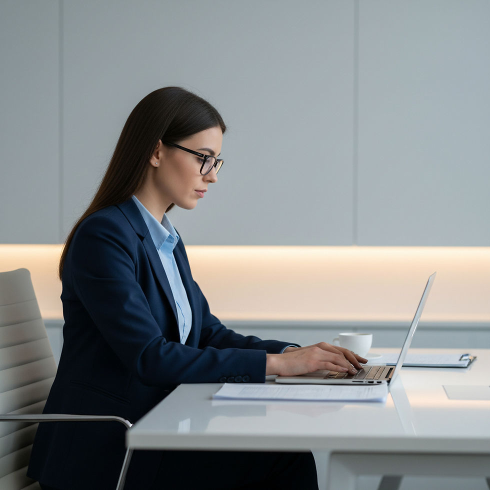 Young professionally dressed brunette woman with glasses sitting at a laptop concentrating