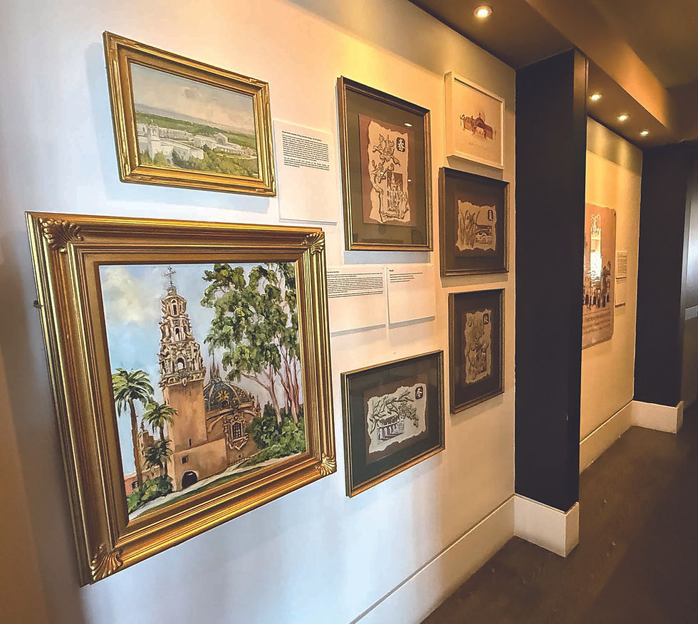 Fine art paintings included Maurice Braun’s 1916 painting, “Balboa Park View from the California Tower,” top left; local artist Jane Smith’s painting of the California Tower, ca. 2000; and local landscape architect and artist Danielle Zhang’s “Four Seasons in Balboa Park,” 2021. All Photos: C100.