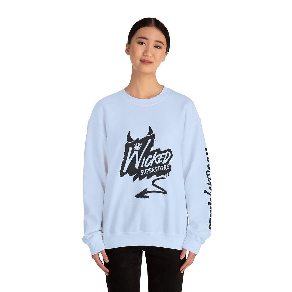 Thumbnail: Wicked Superstore Logo Crewneck Sweatshirt | Devil Horns Graphic Sleeve Text
