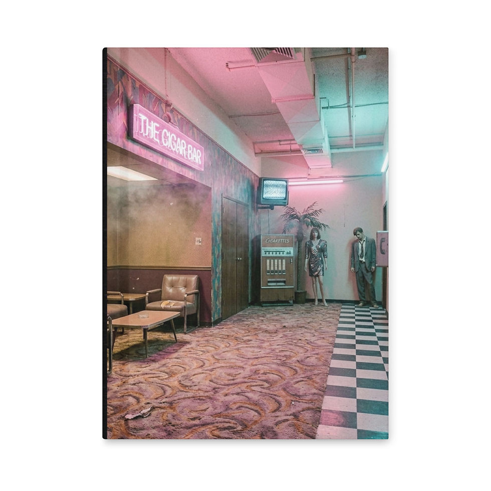 The Cigar Bar hardcover journal with a surreal neon lounge, vintage seating, patterned carpet, and retro interior.